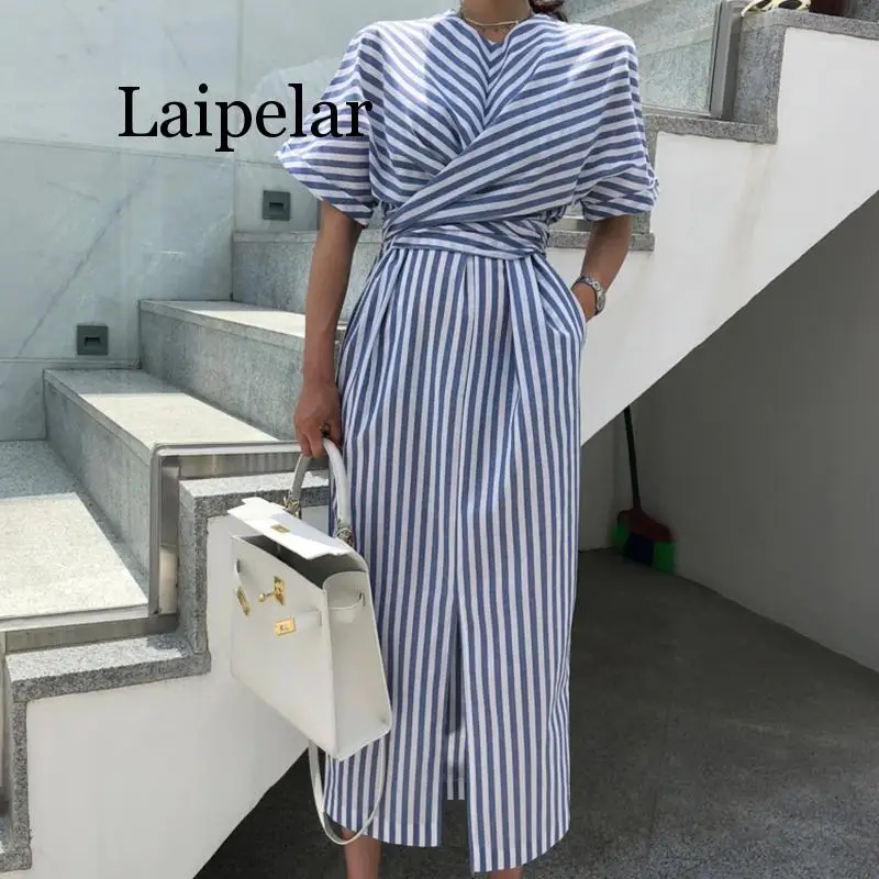 

Laipelar Women Summer Cotton Blue Striped Bandage Split Long Dress Female Long Robe Femme