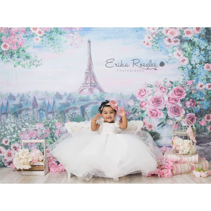 

MEHOFOTO Vinyl Photographic Backdrop Floral Oil Printed Eiffel Tower Pink Rose European Castle Children Backgrounds Photo Pro