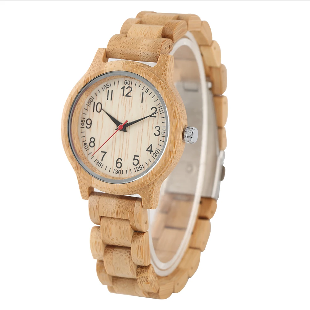 Women's Wristwatch Bamboo Quartz Watch Arabic numerals Dial Bamboo Strap folding clasp with safety