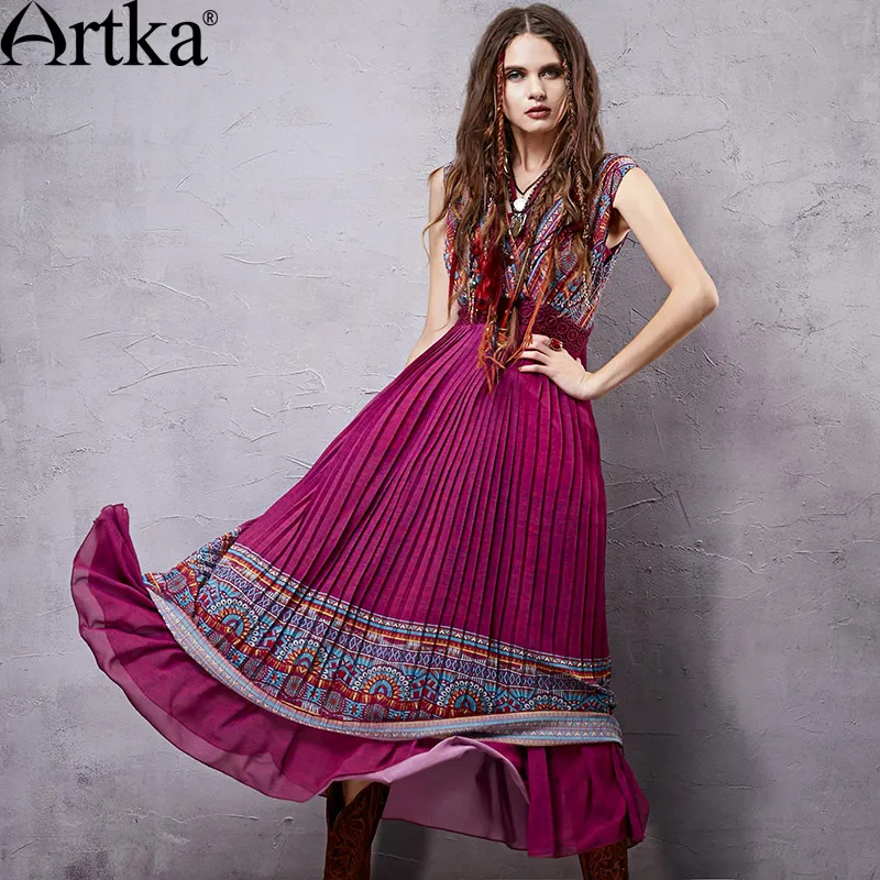 ARTKA Women\'s 2018 Summer Ethnic Printed Chiffon Two-pieces Dress Fashion Sleeveless Empire Waist Draped Hem Dress LA14550X