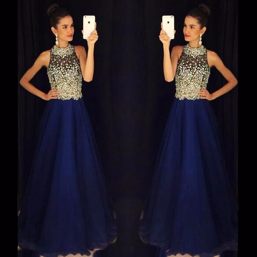 Elegant A Line Royal Blue Prom Dresses High Neck Beaded Crystals Chiffon Long Evening Dresses Prom Gown Robe De Soiree