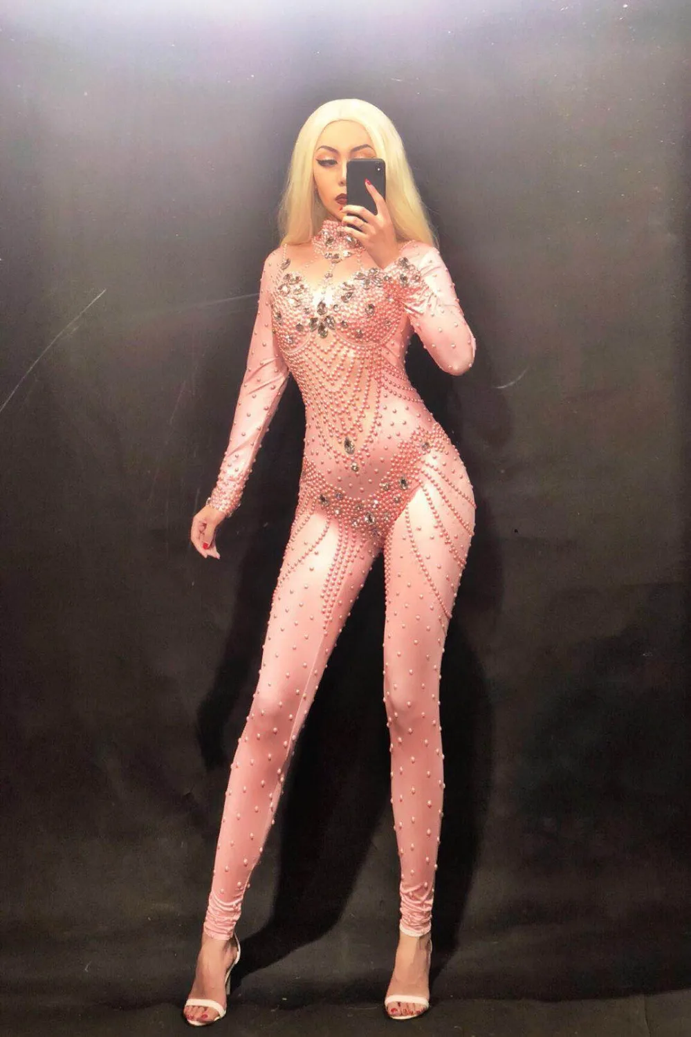 

Sparkly Gold Crystals Pink Pearls Jumpsuit Stones Stretch Bodysuit Women's Birthday Celebrate Sexy Stage Show Costume Leggings