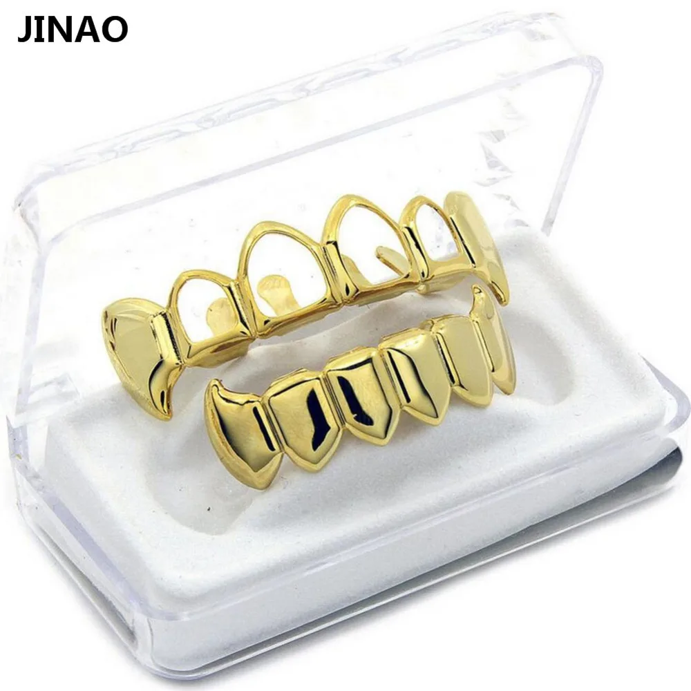 JINAO Light Yellow Gold Color Plated Hip Hop Teeth Hollow Fang Top & Solid Fangs Bottom Grillz Set Vampire Grills Sets