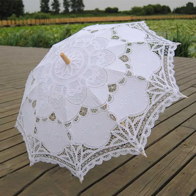 Lace Parasols Wedding Embroidery Wooden handle Sun Umbrella Radius 48cm  wooden Umbrella cotton Parasol