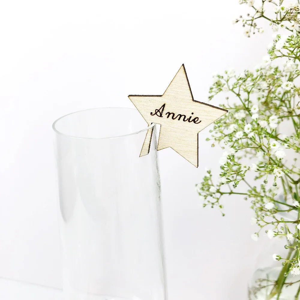 

Star Place Names - Wedding Place Name - Wine Charms - Star Wine Charms - Wooden Place Names - Laser Cut Place Settings - Wedding