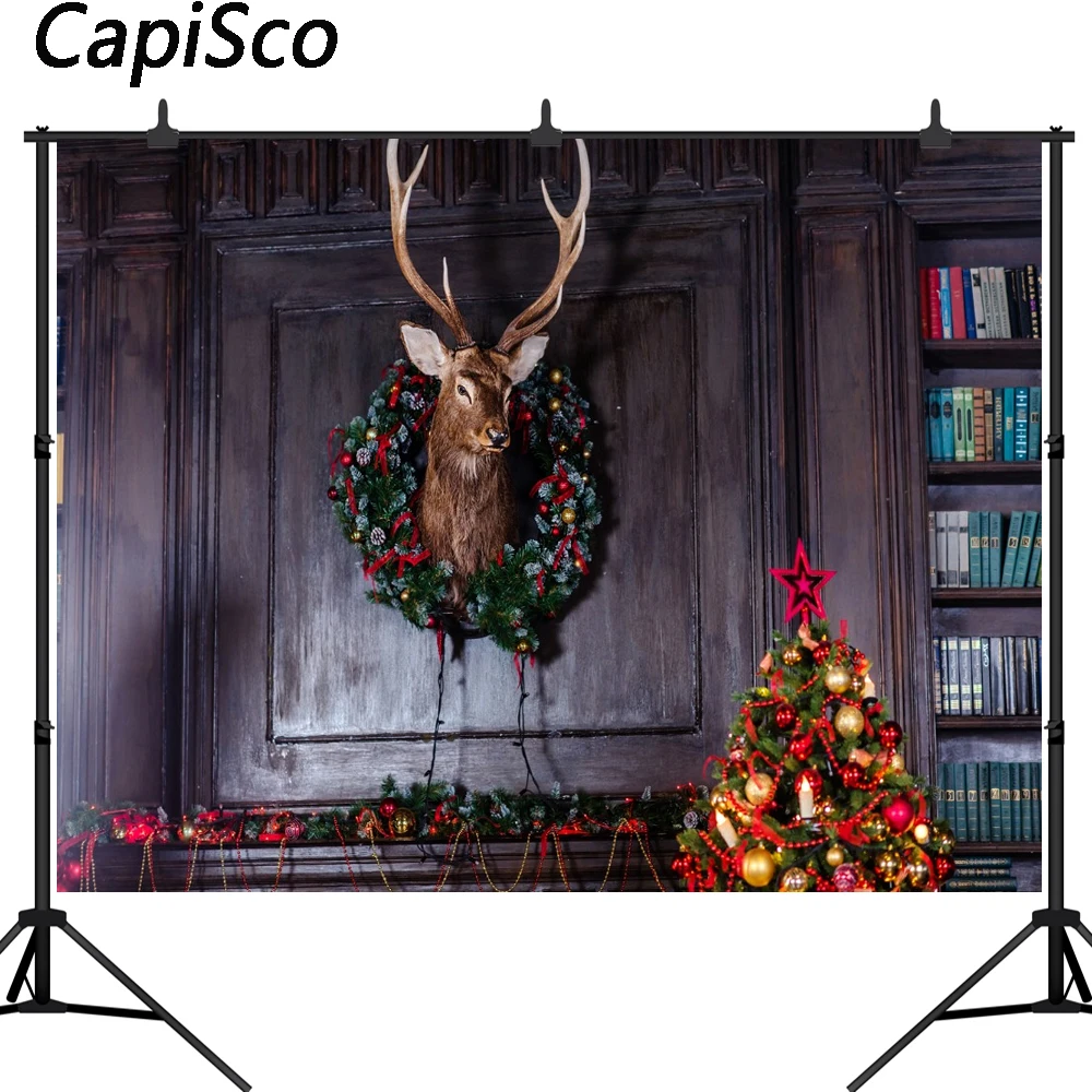 Capisco Christmas photo backdrops Retro room Deer head bookcase photography background photo studio photobooth customize