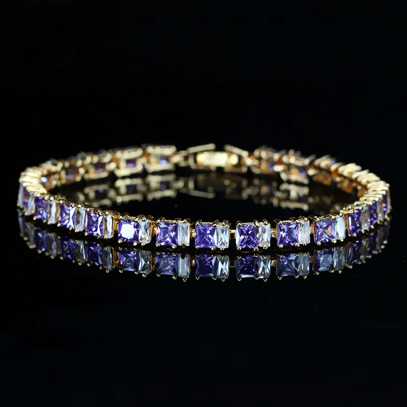 CWWZircons Stylish Square Cut Sparkling Cubic Zirconia Yellow Gold Color CZ Women Tennis Bracelet With Extension CB192