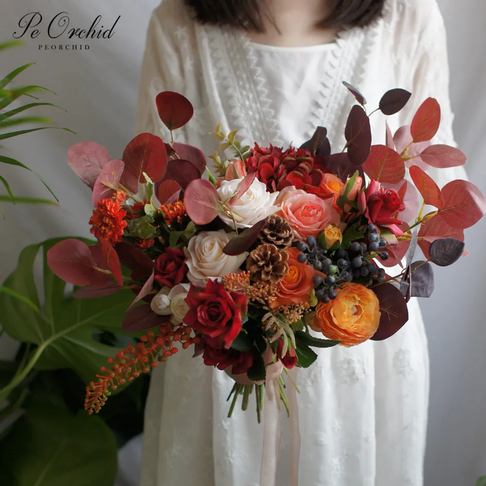 

PEORCHID Colorful Red Orange Big Bouquet Bridal Flowers Bridemaids Accessoirs Pine cone Rose Real Touch Wedding Bouquet Vintage