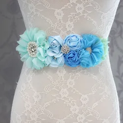 Fashion Blue flower Belt Wedding Sashes belt  with flower headband Girl Woman sash belt