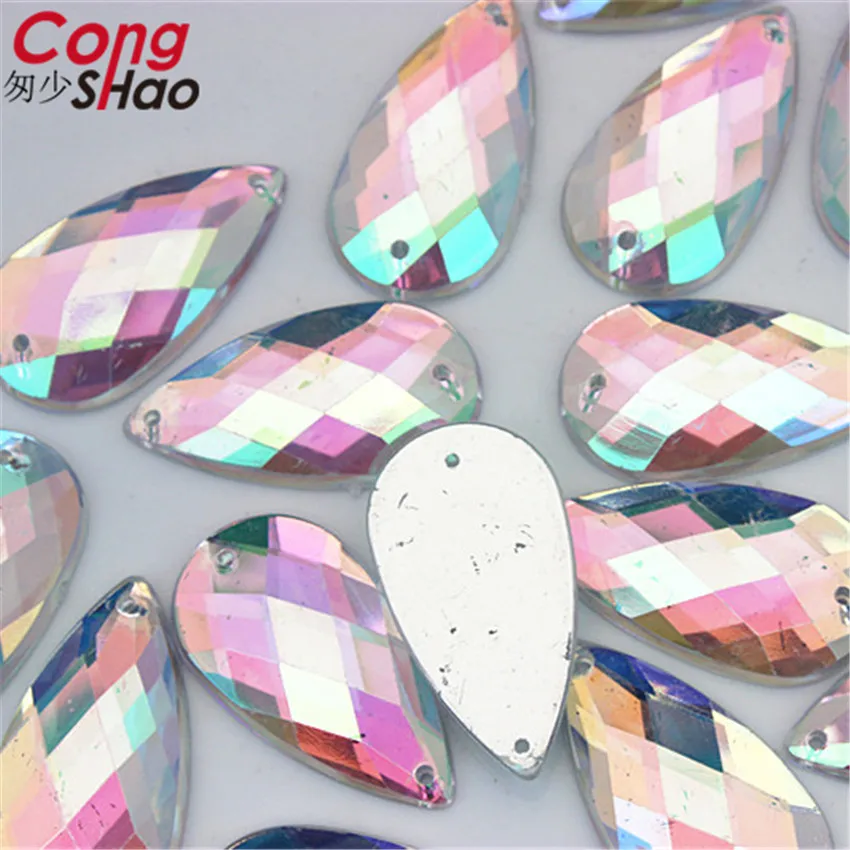 Cong Shao 50pcs 16*30mm AB Color Drop Acrylic rhinestone stones crystals flatback sewing 2 Hole DIY Wedding Dress Button CS421