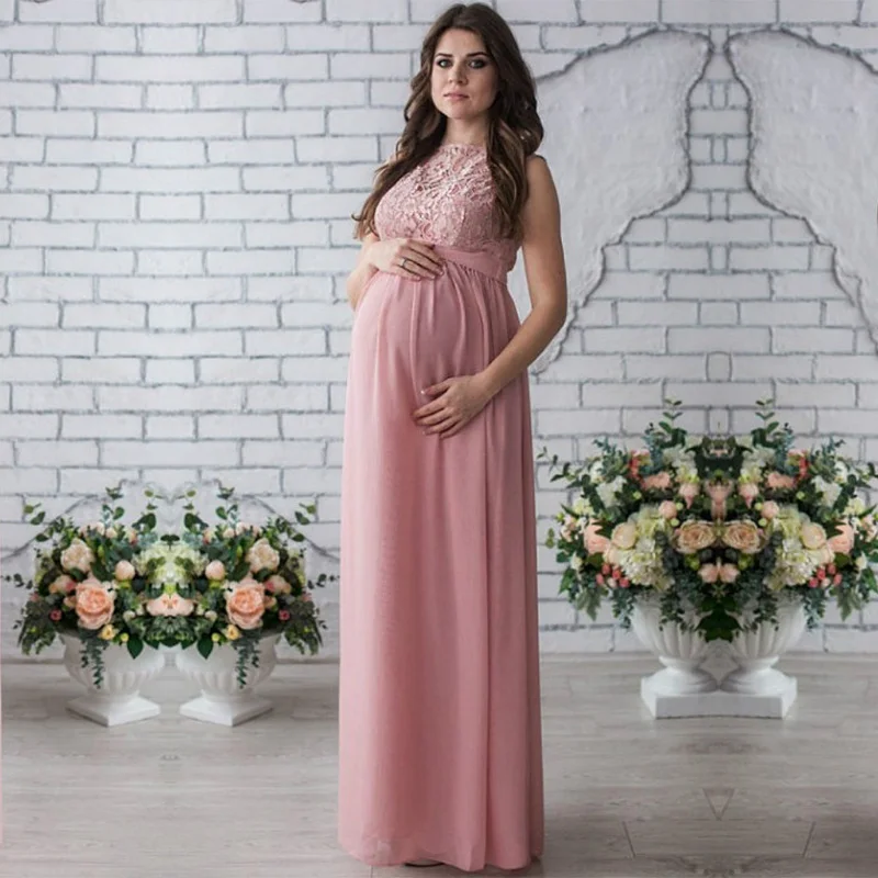 Lace Pregnant Long Dress Women Casual Long Sleeve O Neck Hollow Out Evening Party Long Maxi Maternal pregnancy dresses DS19