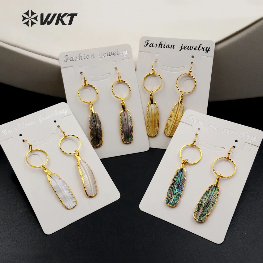 

WT-E375 Wholesale fashion natural abalone shell dangling earring with 24K gold plating shell feather jewelry for women gift