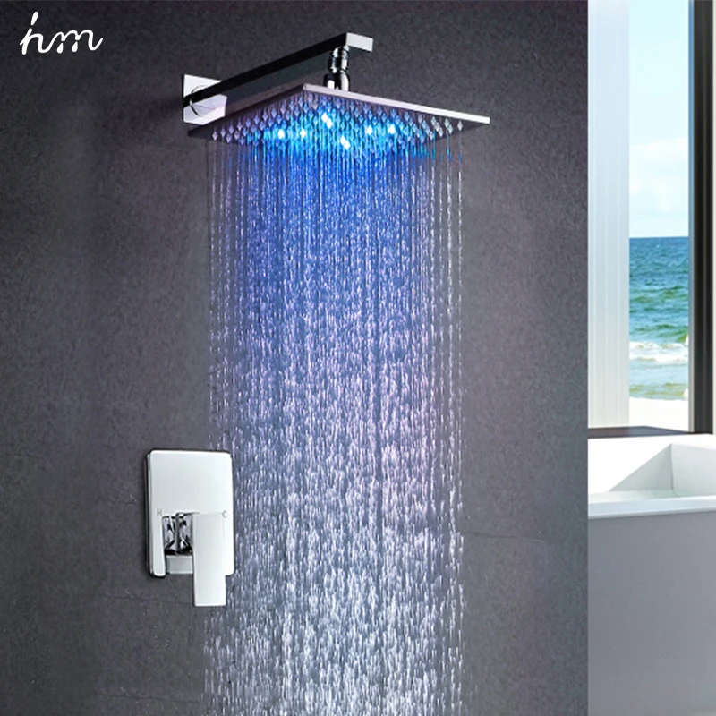 hm 10Inch LED Shower Set Wall Mounted Embedded Box ShowerheadLuxury Rainfall Saving Water Bath Faucets Chrome Finished