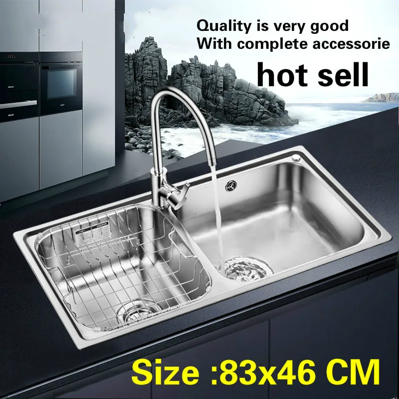 

Free shipping Household standard big kitchen double groove sink food grade 304 stainless steel whole drawing hot sell 83x46 CM