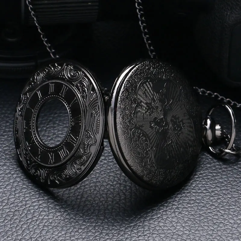 Montre de Poche Noire à Quartz pour Homme et Femme, Steampunk, Vintage, Charmunisex, Mode Chiffre Romain, Collier Pendentif avec JOO