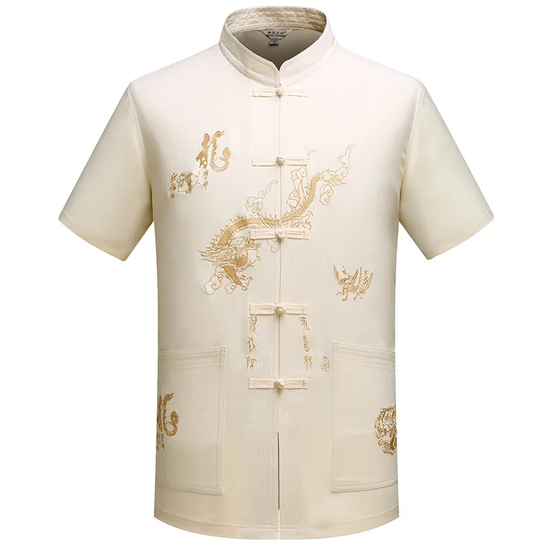 Chinese Traditional Tang  Clothing Top Mandarin Collar Kung Fu Wing Chun Garment Top Short Sleeve Embroidery Dragon Shirt M-XXXL