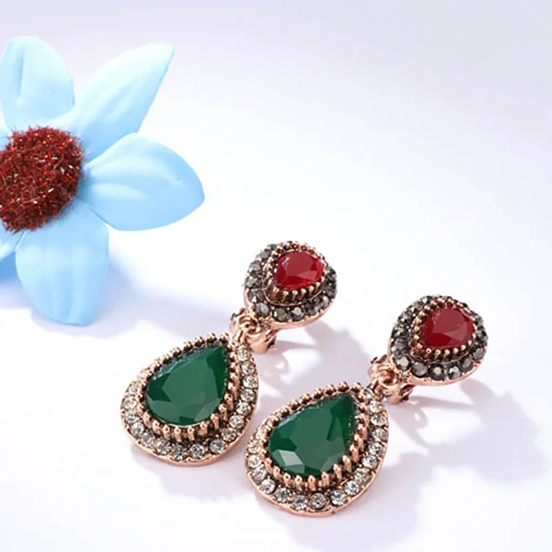 Vintage Big Blue Red Stone Drop Earings Antique Gold Crystal Statement Earrings For Women Fashion Turkish Jewelry 2018