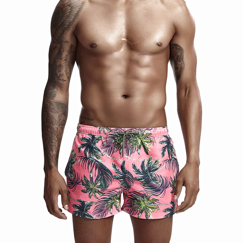 Newest Men's Pink Board Shorts Coconut Tree Printed Beach Pants Maldives Surfing Short Gay Swimming Shorts Quick Dry Swim Trunks