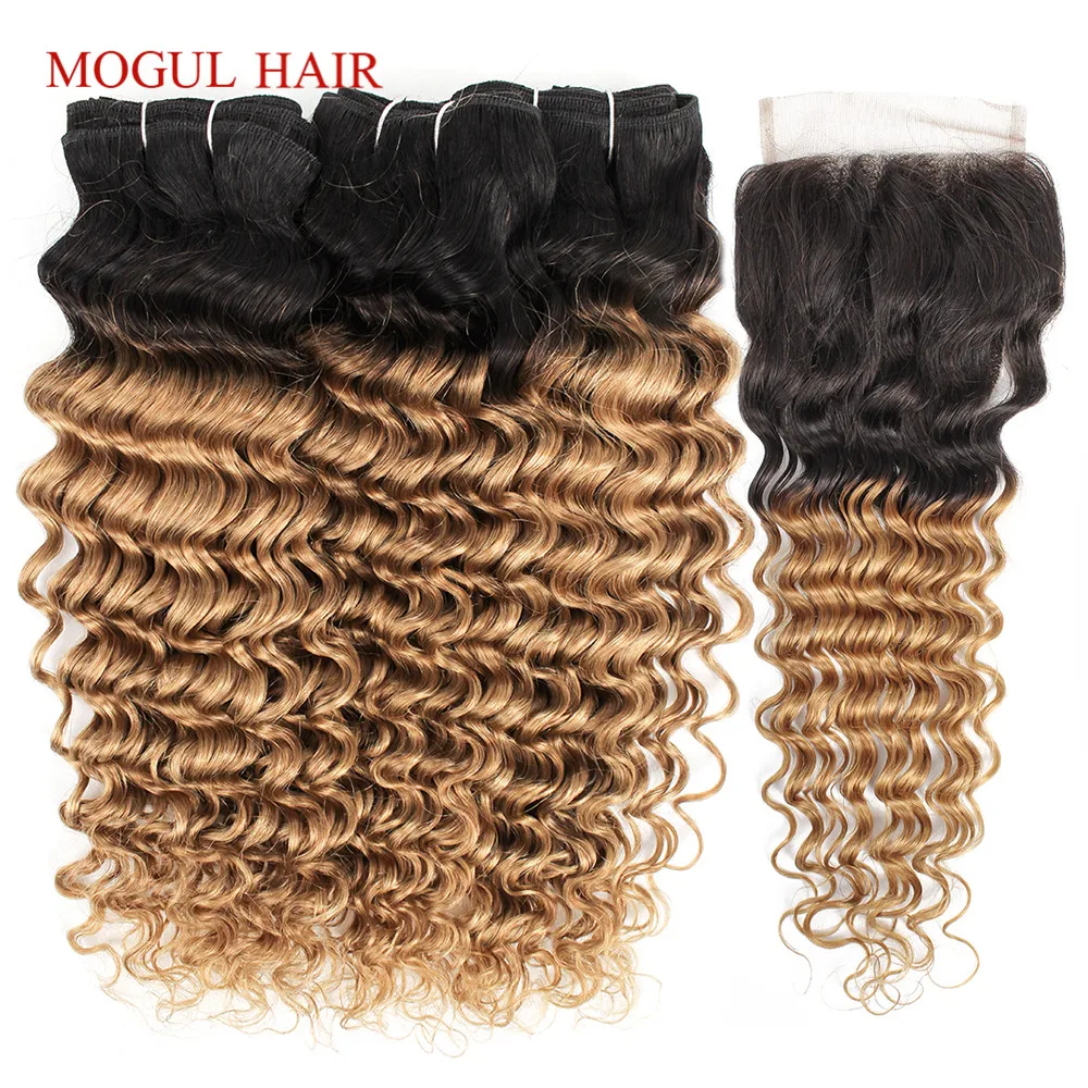 Ombre Honey Blonde Bundles With 4x4 Lace Closure Free Part 1B 27 Deep Wave 10-24 inch Remy Human Hair Weave Extension MOGUL HAIR