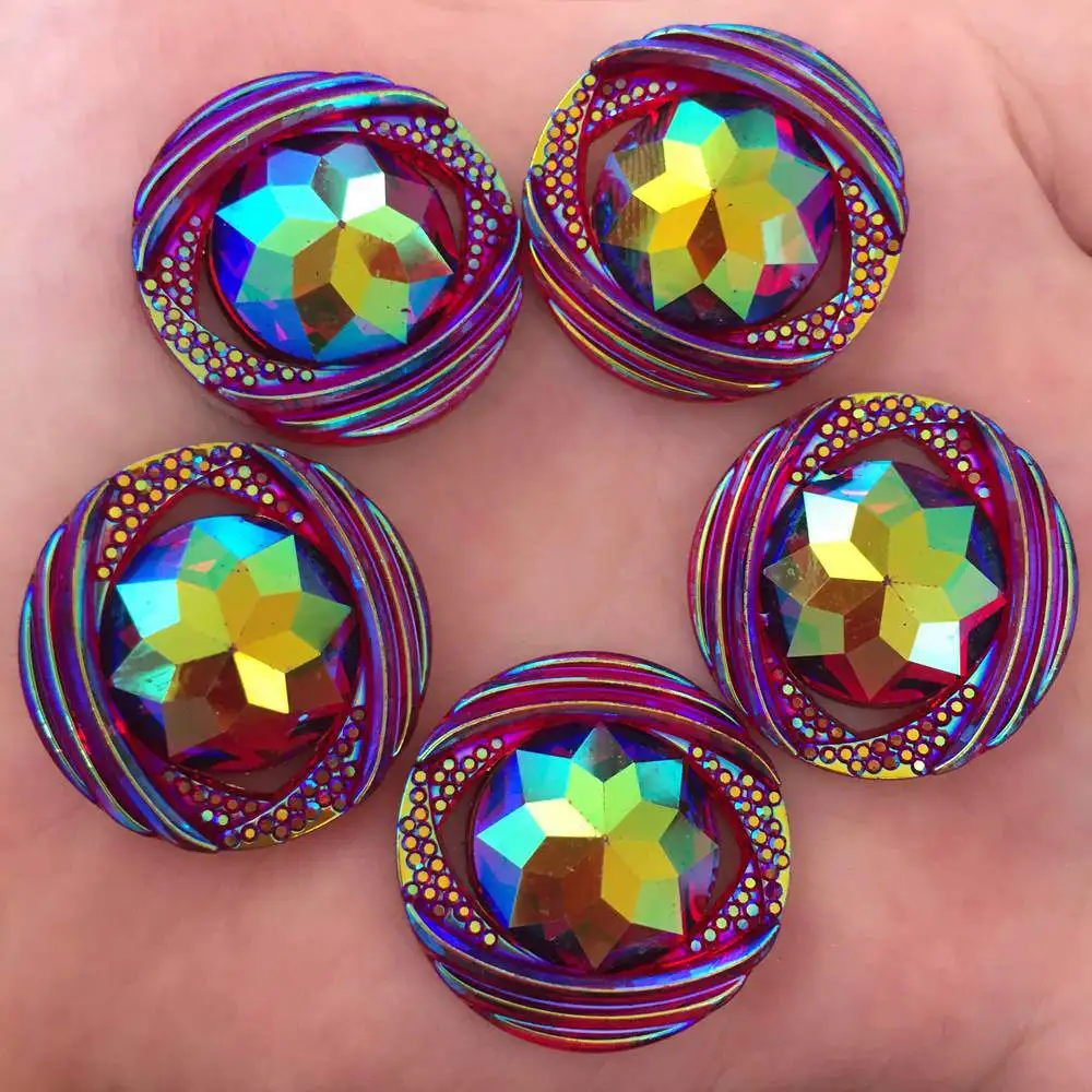 New 6pcs 25mm AB Resin Round FlatBack Flower Rhinestone Embellishment 2 Hole Buttons R86