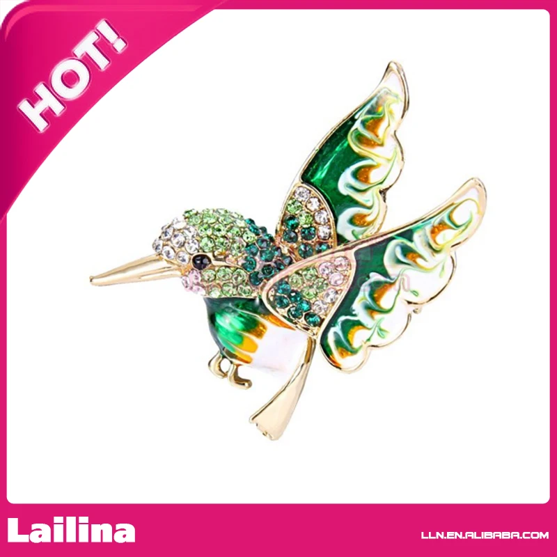 100pcs/Lot Gold-Tone Crystal Lovely Humming Bird Brooch Pin Green