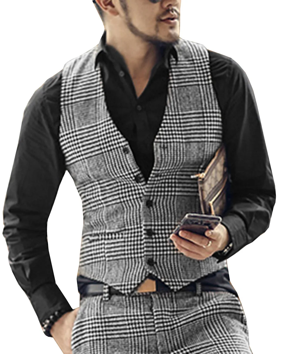 Mens Suit Vest Single-breasted V คอลายสก๊อตเสื้อกั๊ก Casual ธุรกิจอย่างเป็นทางการเจ้าบ่าวสําหรับงานแต่งงานสีน้ําตาล/สีเทา