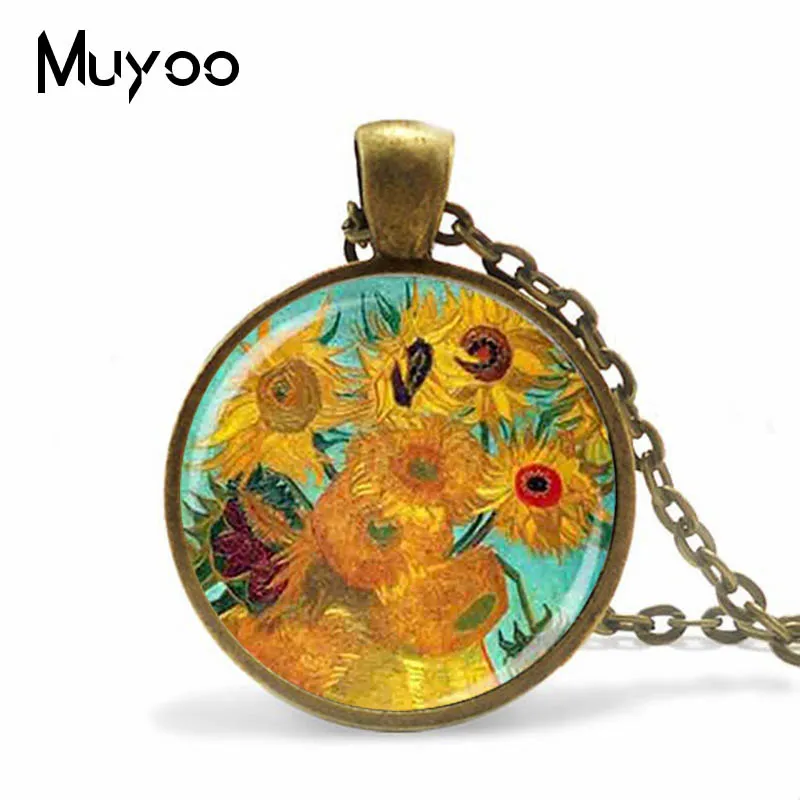 2019 New Vintage Van Gogh Oil Painting Necklace Sunflower Painting Glass Cabochon Necklace Art Ornaments