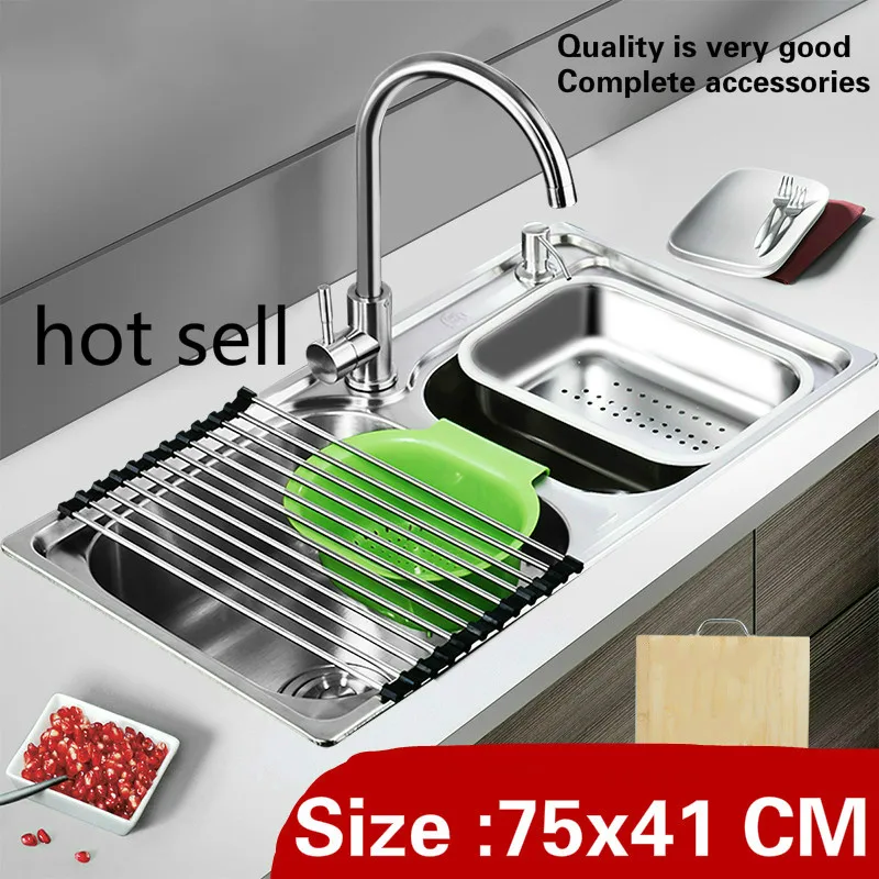 

Free shipping High capacity wash vegetables vogue kitchen double groove sink durable 304 stainless steel 75x41 CM