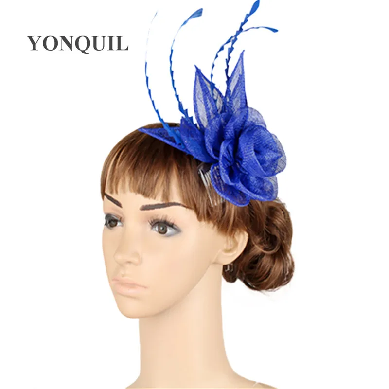 

High Quality Royal Blue Sinamay Fasinctor Hat Hair Combs Linen Bridal Wedding Hair Accessories Feather Cocktail Party Hat MYQ008
