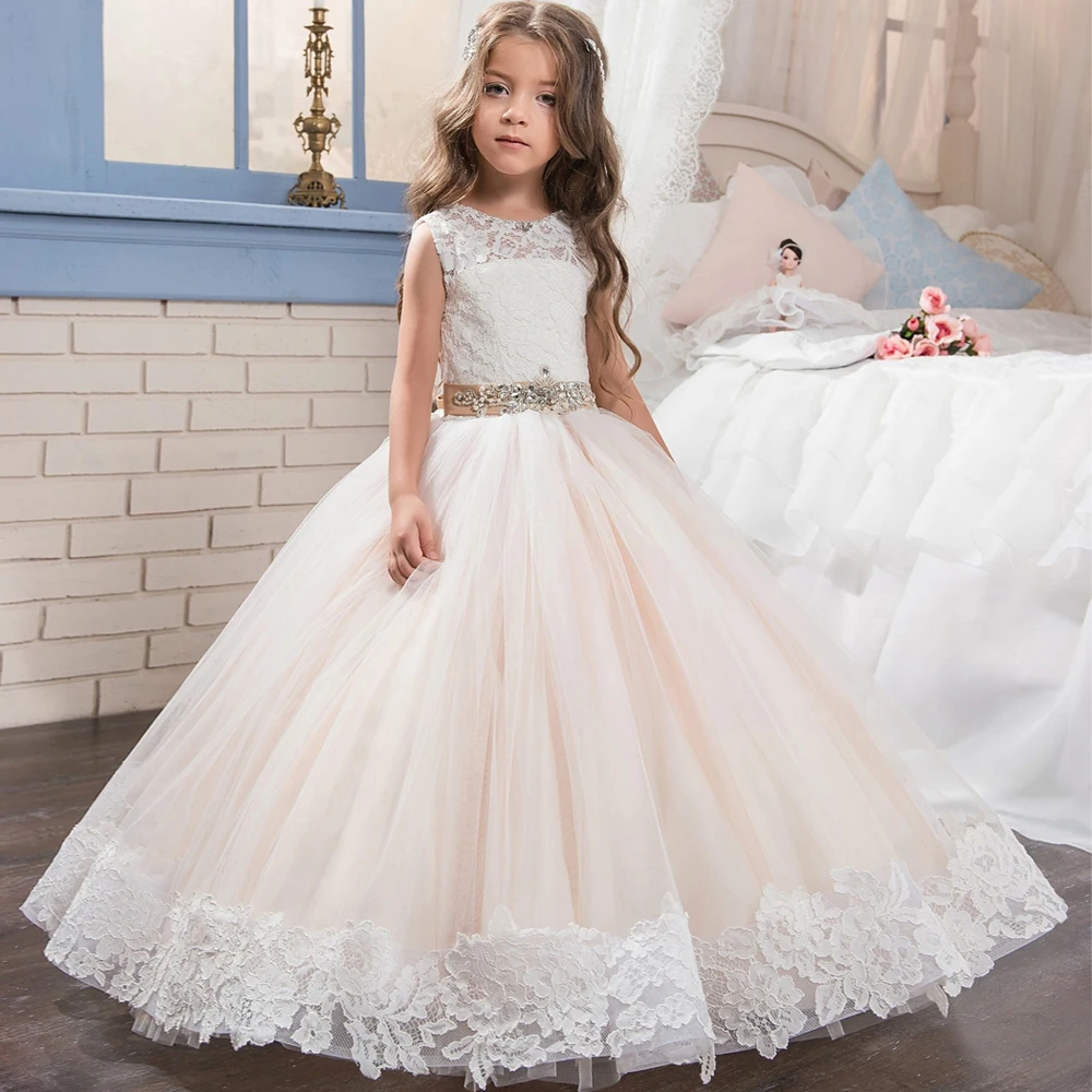 

Fancy Beading Dresses Sleeveless Appliques Satin Button Flower Girl Dresses Wedding Christmas Tulle Ball Gowns New Arrival 2017