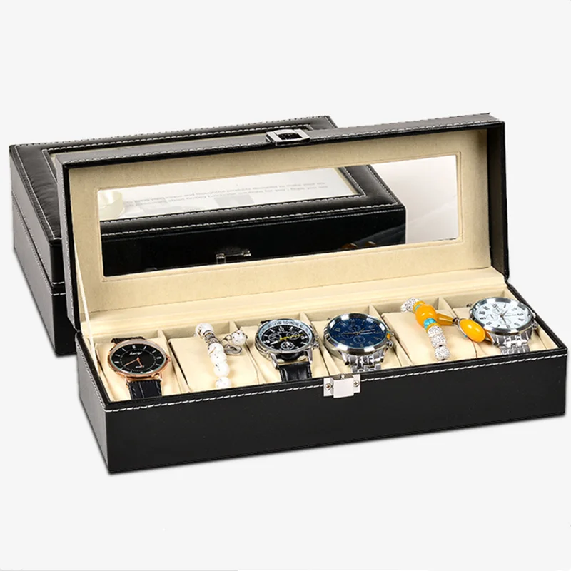 European Black Watch Boxes Case Wood And Leather Mechanical Watch Organizer New Watch Display Gift Case Jewelry Storage Holder