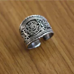 RG078 Tibetan Silver Vintage Rings for Man Thumb Ring Handmade Nepal Antiqued Flower Silk Open Back Ring Adjustable Ring