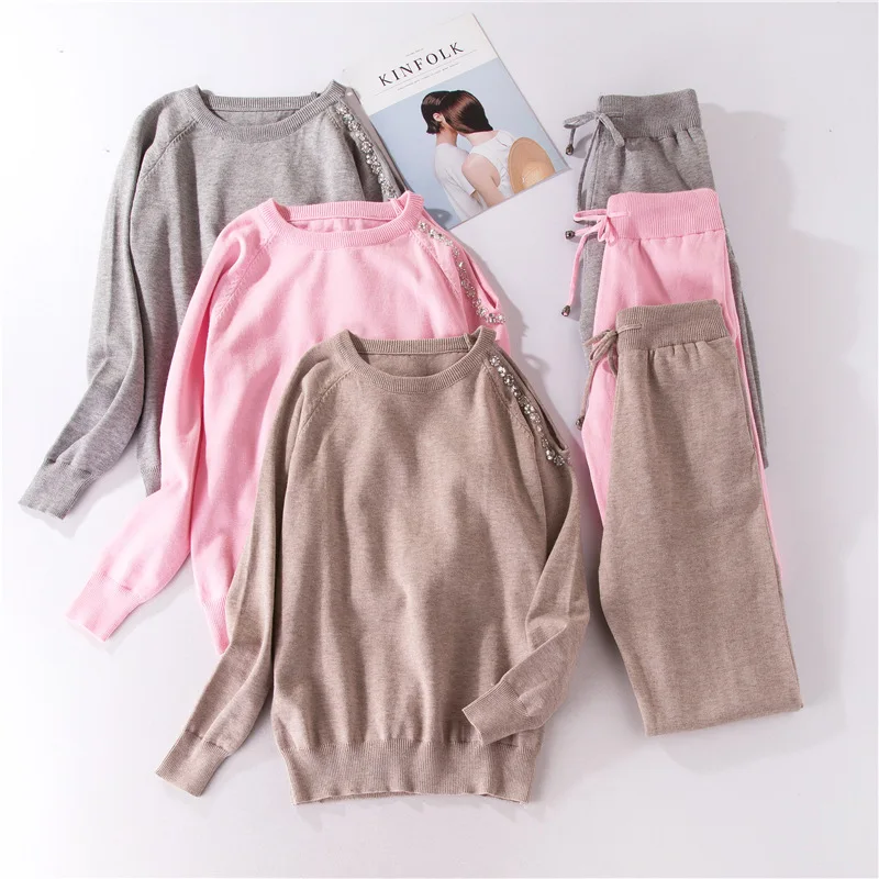 Women Set 2018 Autumn Winter Fashion Knitted Sweaters Crystal off shoulder Sweater Pullover Casual Two-piece Sets kz449