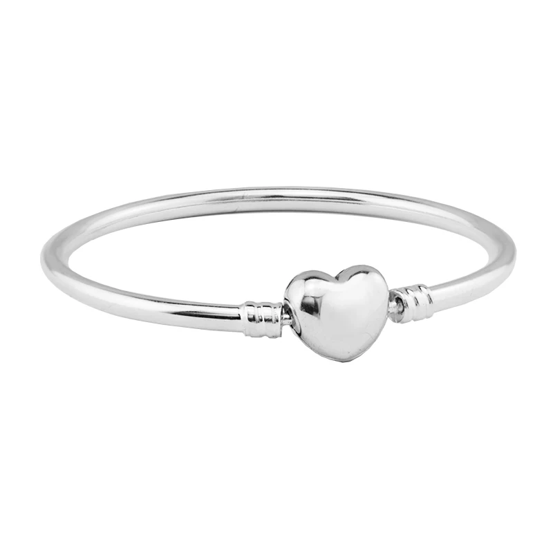 

100% 925 Sterling Silver Bangle Bracelet with Signature Heart Clasp Bangles for Women Jewelry Charm Bead DIY Making Gift