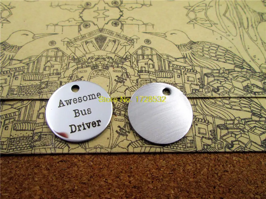 

20pcs--20mm stainless steel circle round "awesome bus driver"one side DIY Charms Pendants