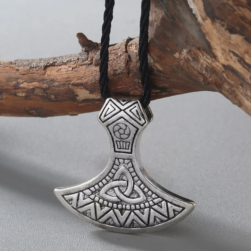 Kinitial Thor Hammer Axe Jewelry Valknut Odin \'s Symbol of Norse Necklaces Slavic Viking Warriors Men Axe Pendant Necklace