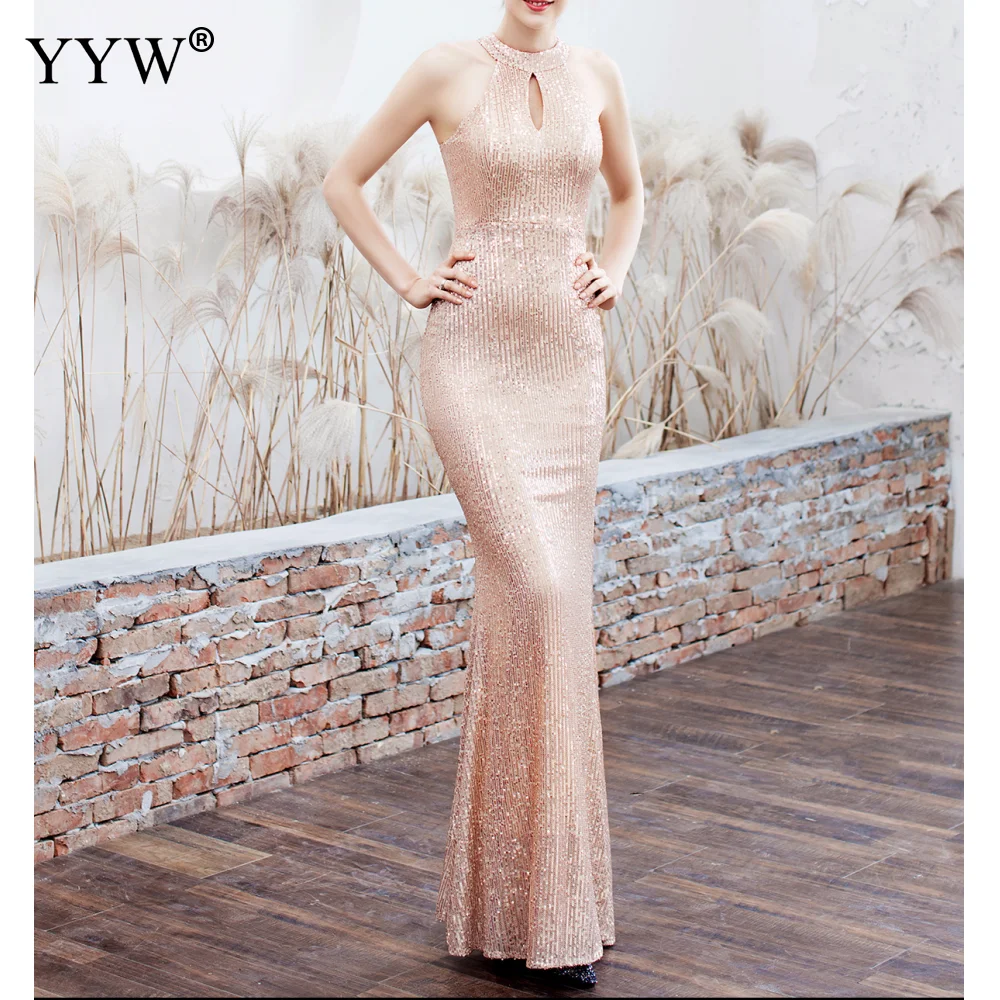 New 2020 Women Sequined Party Long Dresses Halter Sleeveless Mermaid Evening Dress Ladies Solid Sexy Robes Elegant Formal Gowns