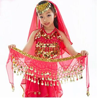 Hot-selling Kids belly dance Hip scarf  Belt with 3 Row gold coins on dancing Belt  fully hand-made sewed