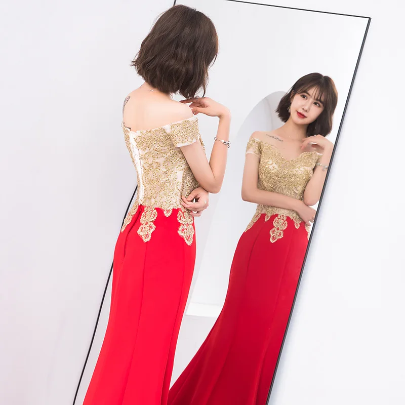 2019 neue Mode Meerjungfrau Abendkleid Gold Appliques Sexy Weg Von der Schulter Backless Prom Party Kleid Robe De Soiree