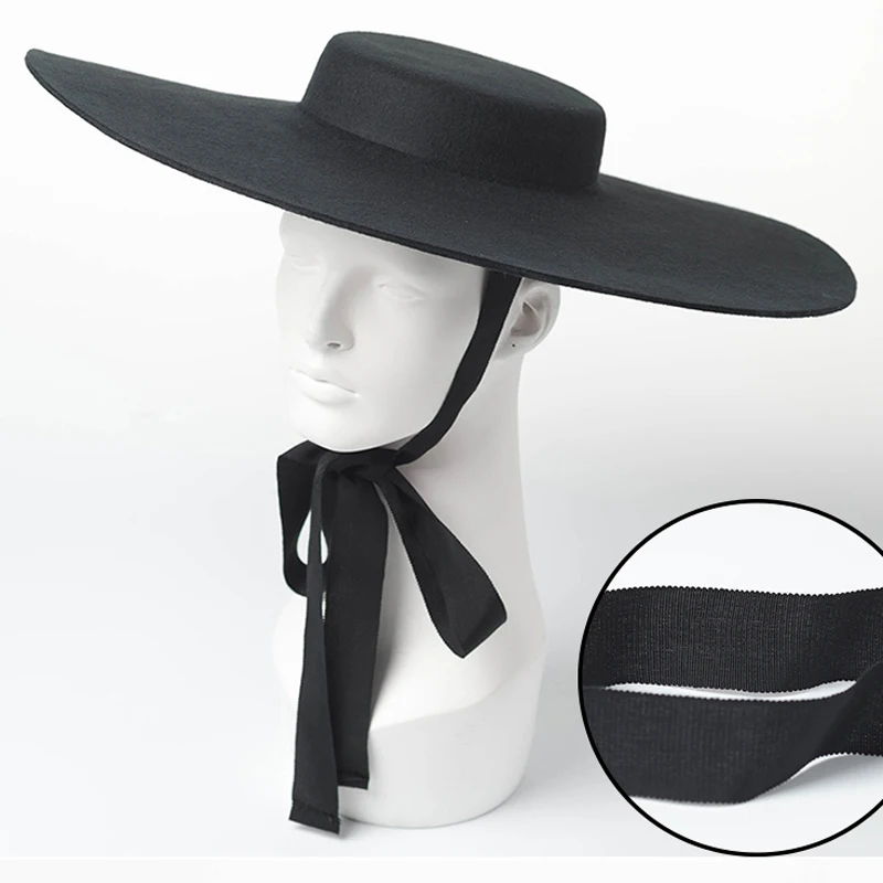 Vintage Ladies Big Brim Fedora Hat Black Women Flat Jazz Hat Australian Wool Felt Casual Winter Fedora Hat with Ribbon Ties