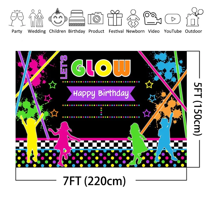 Vamos brilho splatter fotografia fundo brilho néon festa de aniversário banner decoração neon festa backdrops foto cabine