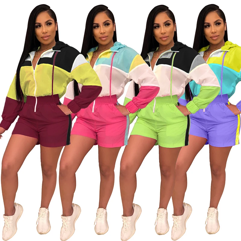 Novo macacão casual de retalhos cores feminino, roupas com zíper, bolsos frontal, calça, macacão com capuz estampado de manga comprida, bodysuit, verão, 2019