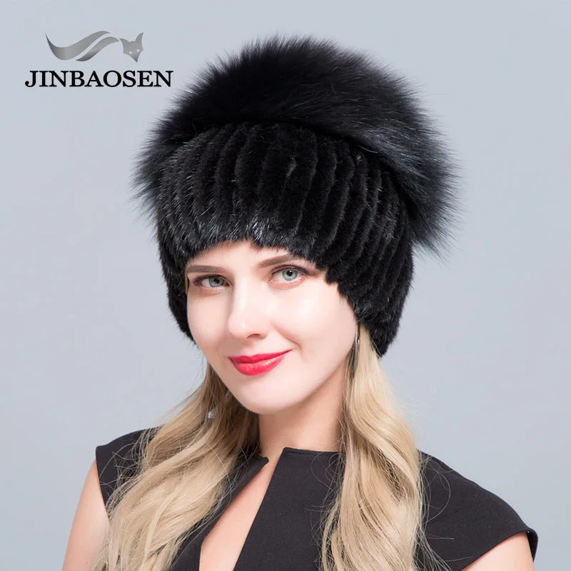 JINBAOSEN Women\'s Winter Mink Fur Hat Real Silver Fox Fur Warm Ski Cap Natural Fur Knit Fur Cap Brand Fashion Style