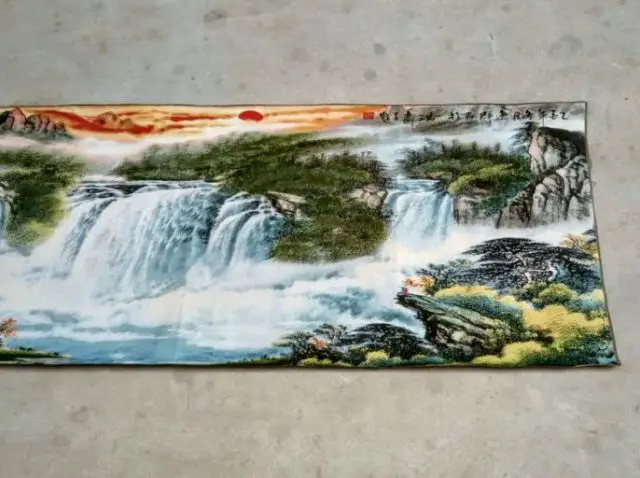 160 x 60 Cm * / Exquisite Chinese silk embroidery thangka - Auspicious sunrise waterfall landscape