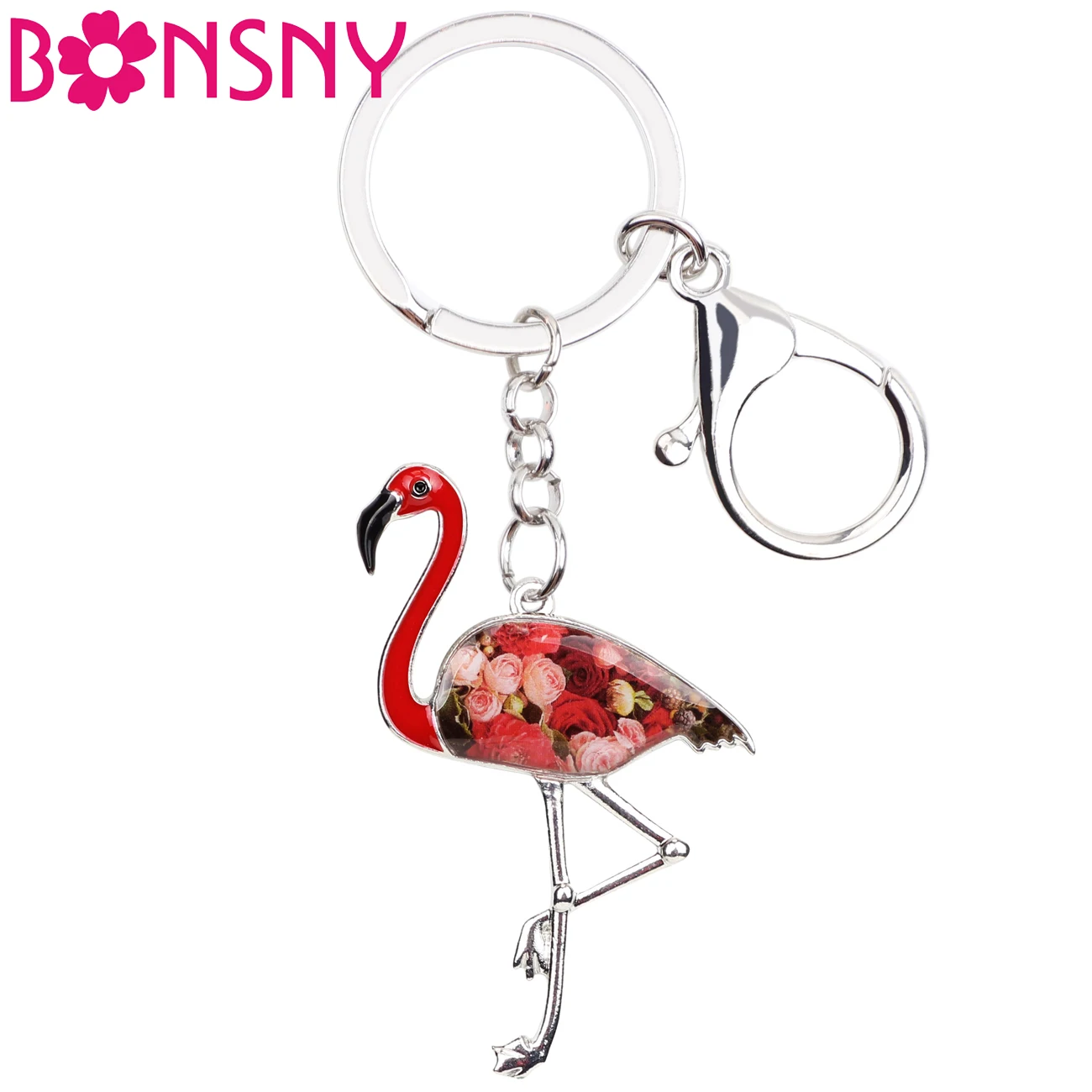 

Bonsny Metal Flamingo Bird Key Chain Key Ring Handbag Bag Charm Enamel Keychain Accessories New Fashion Jewelry For Women