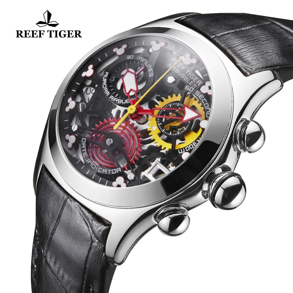 Reef Tiger/RT Fashion Sport Watches Women Steel Skeleton Analog Watches Genuine Leather Strap Waterproof Watches RGA7181