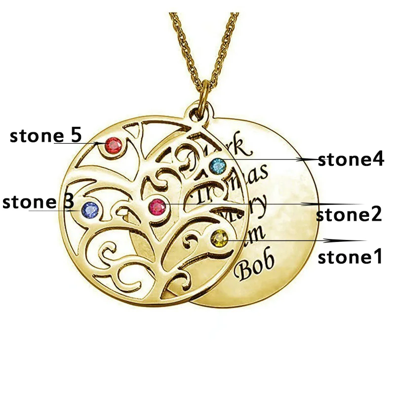 Amxiu Custom 925 Silver Necklace Personalized Team Family Name Tree Pendant Engrave 1-5 Names Round Pendant Necklace For Women