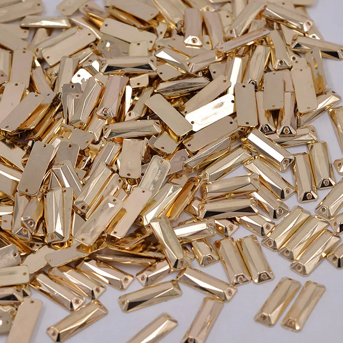 JUNAO 200pcs 7*21mm Sewing Golden Rhinestone Applique Flatback Gold Rectangle Acrylic Strass Sew On Crystal Stones For Clothes