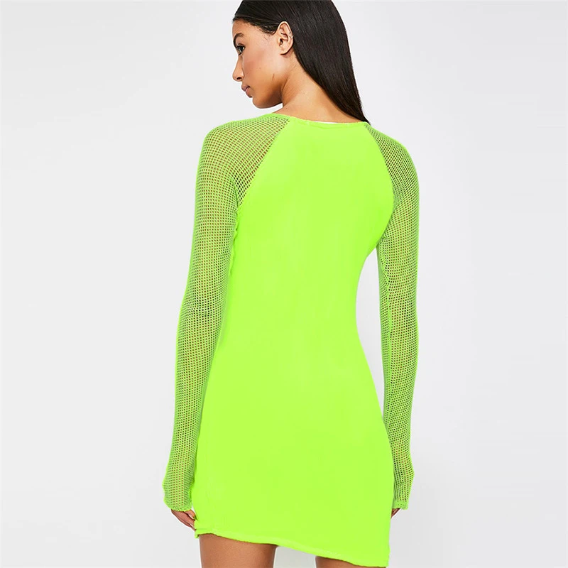 Spring New Fluorescent Green Women Casual Mesh Dress 2019 Summer Fashion Basic V Neck Long Sleeve Beach Leisure Vacation Dresses