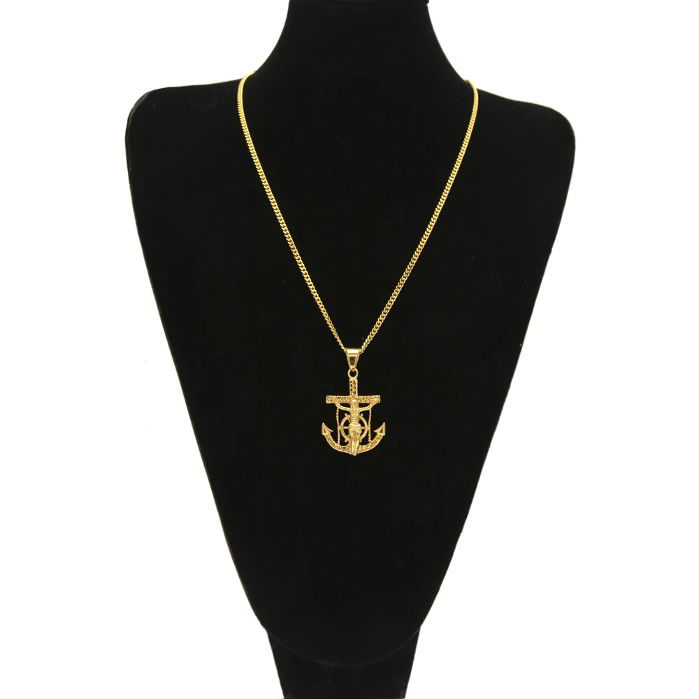 TBTK Punk Crucifix Jesus Cross Navy Rudder Anchor Pendant Necklace Classic Chain Men Stainless Steel Jewelry Wholesale